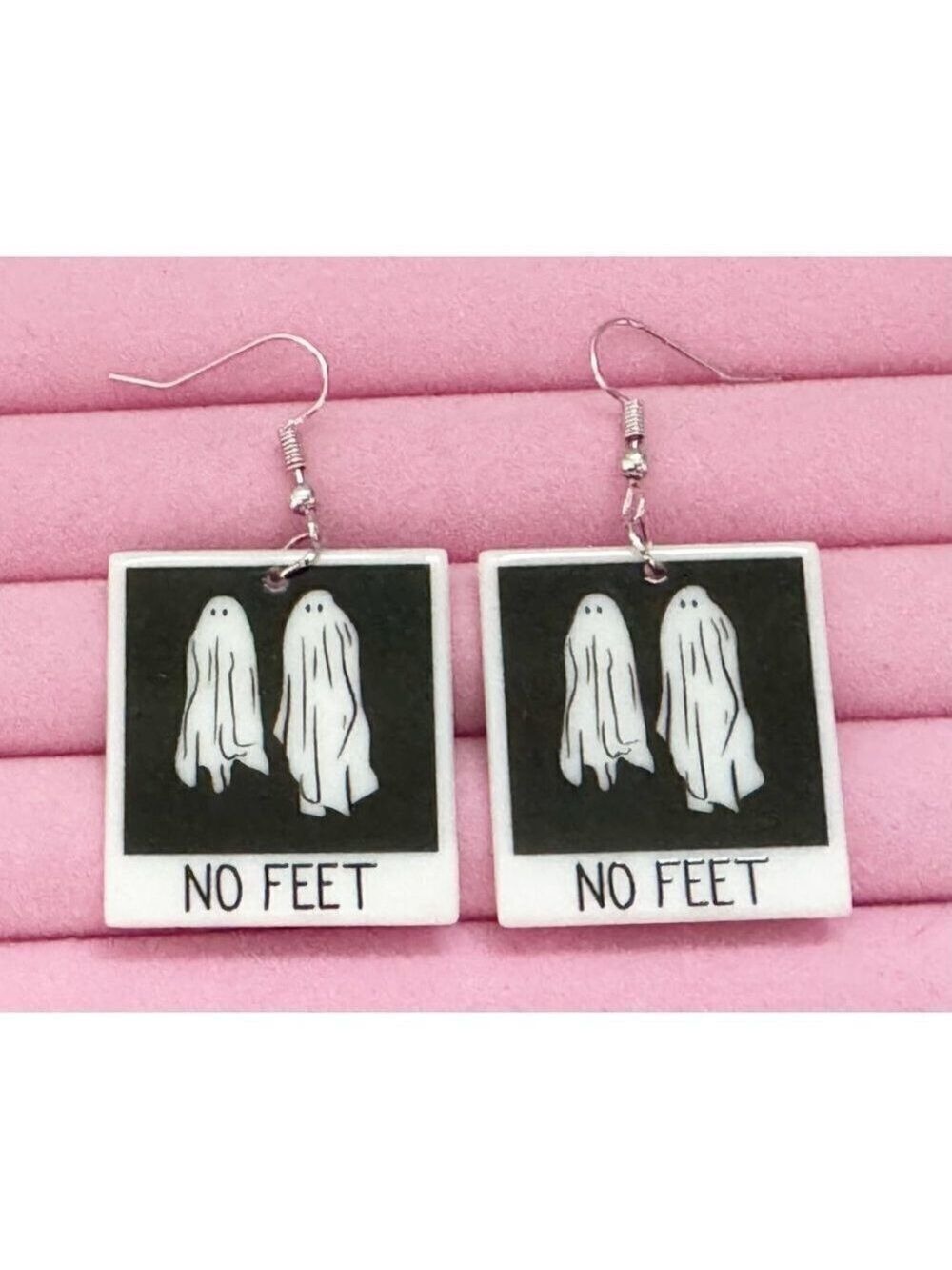 Beetlejuice "No Feet" square earrings hook back light wearing